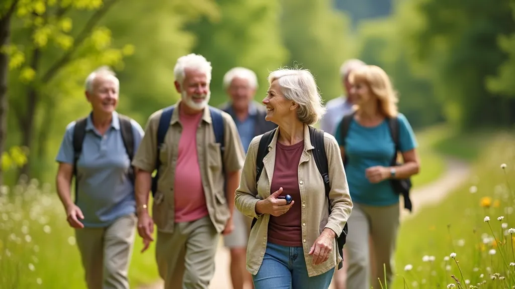 Senioru grupa smaidoši staiga kopā Ikšķiles apkārtnē, baudot viens otra sabiedrību