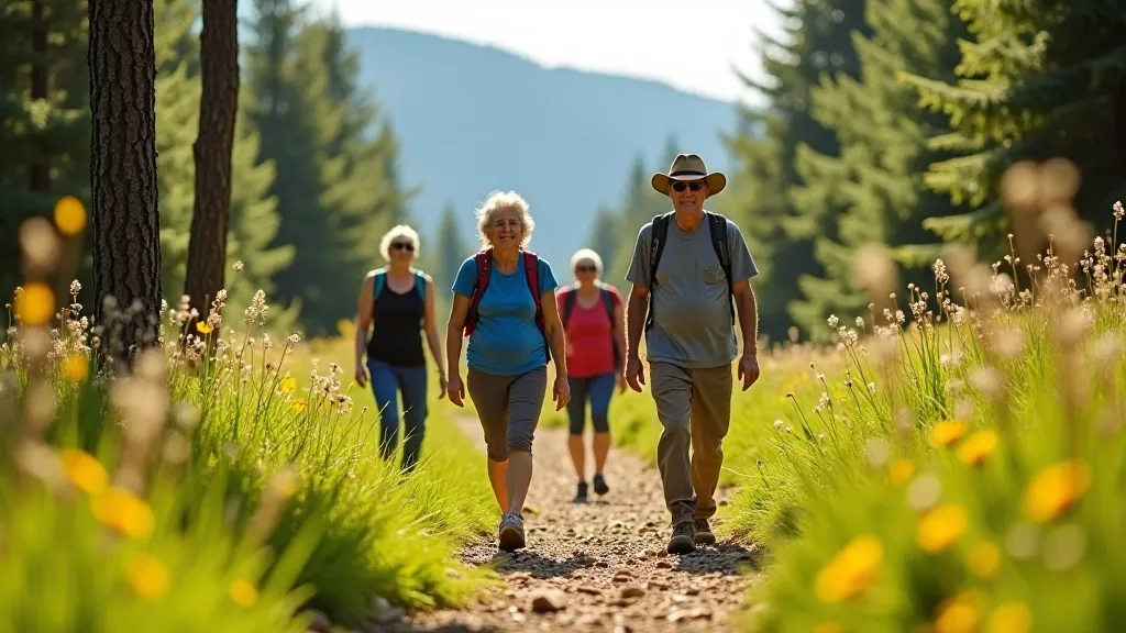Senioru grupa pastaigas laikā Zilo kalnu dabā, skaidra saulajna diena